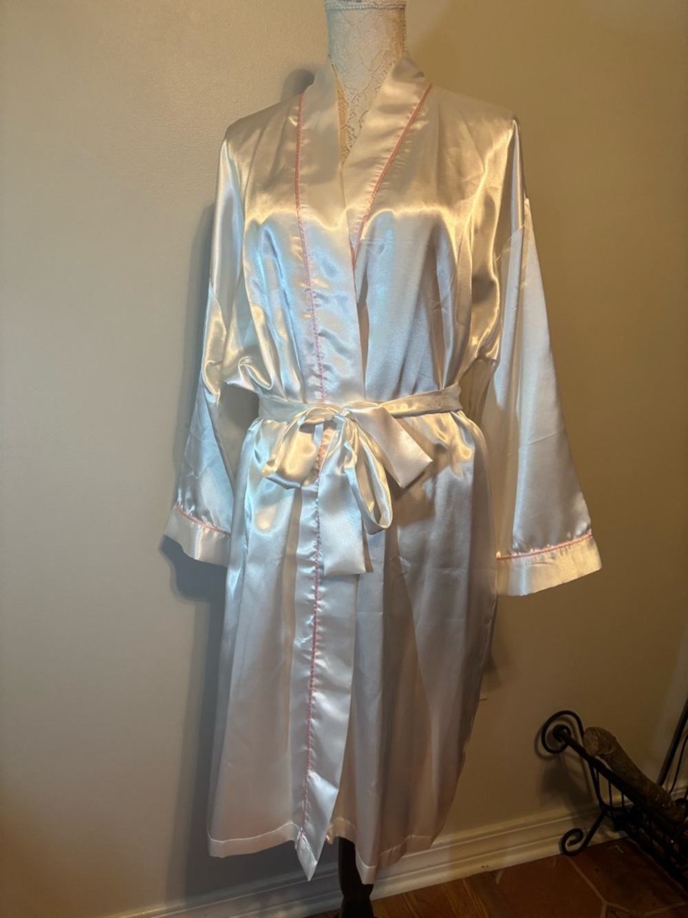 Women's White Satin Robe with Pink Trim - Elegant Wrap Kimono
